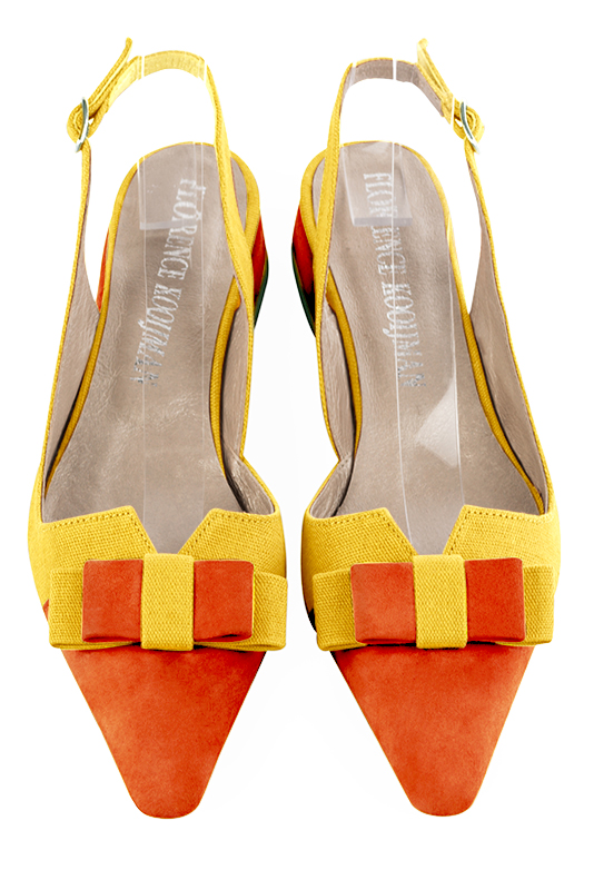 Clementine orange and yellow women's open back shoes, with a knot. Tapered toe. Flat block heels. Top view - Florence KOOIJMAN